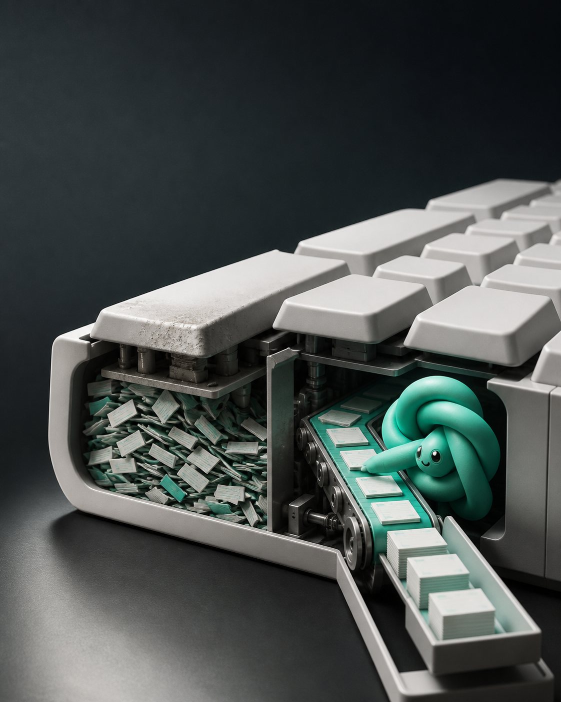 A cutaway keyboard showing scattered prompts becoming an organized production line