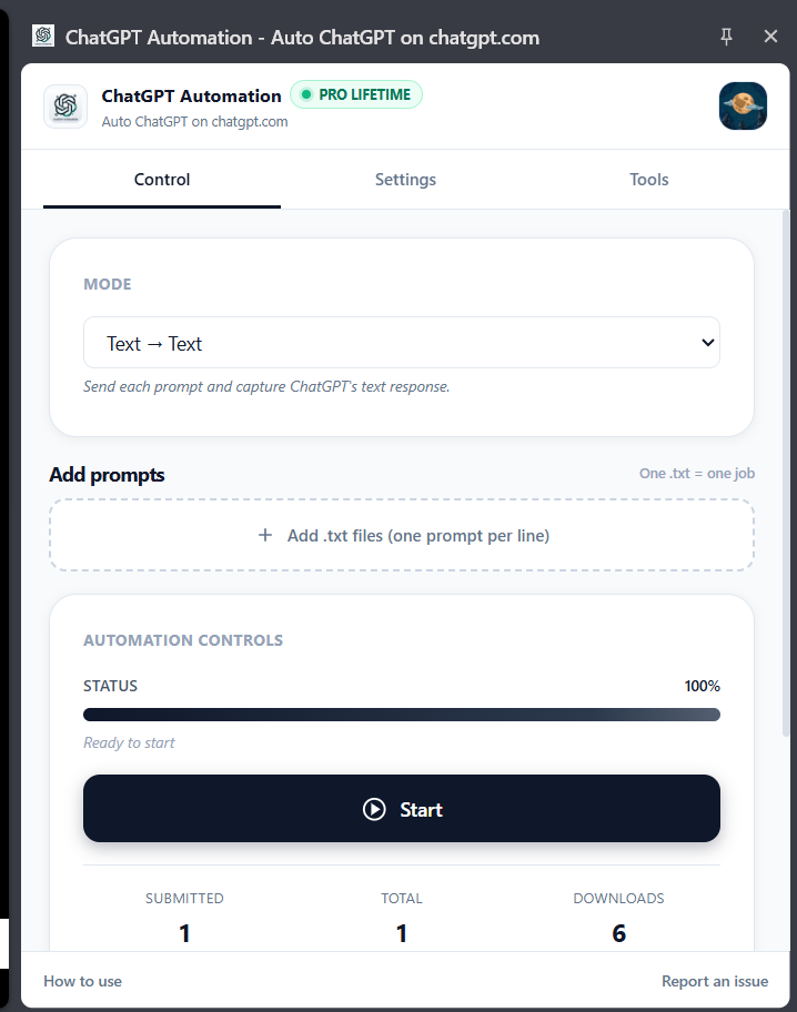ChatGPT Automation control panel